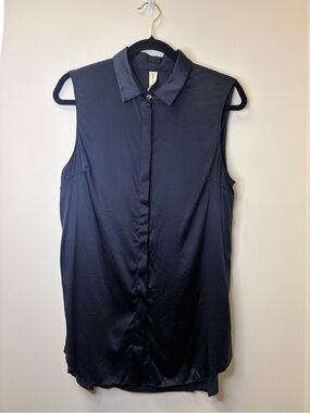 Silk Sleeveless Button-Down Navy Collared Women’s Top Maggie Ward Medium